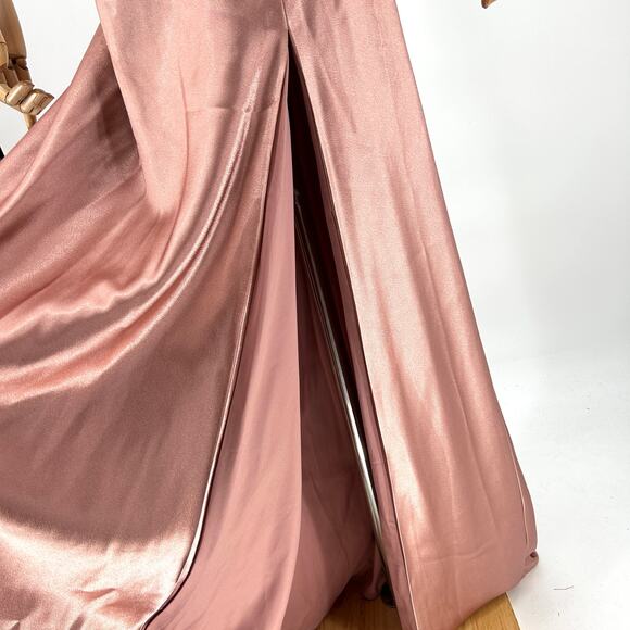 Birdy Grey Blush Pink Satin Thigh Slit Formal Gown - Picture 3 of 6